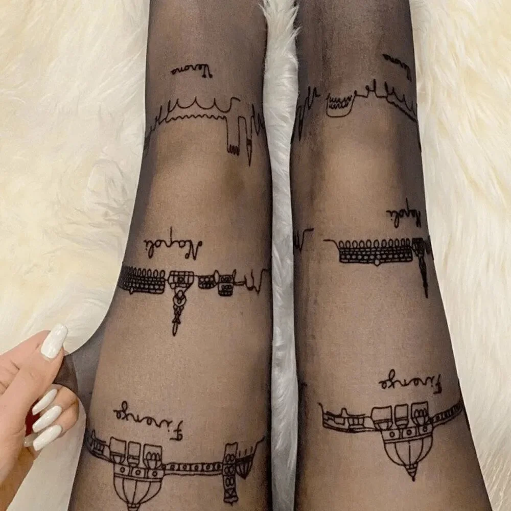 🏙️ Travel Cities Tattoo Printed Tights Black Sheer Nylon Pantyhose Hosiery NEW